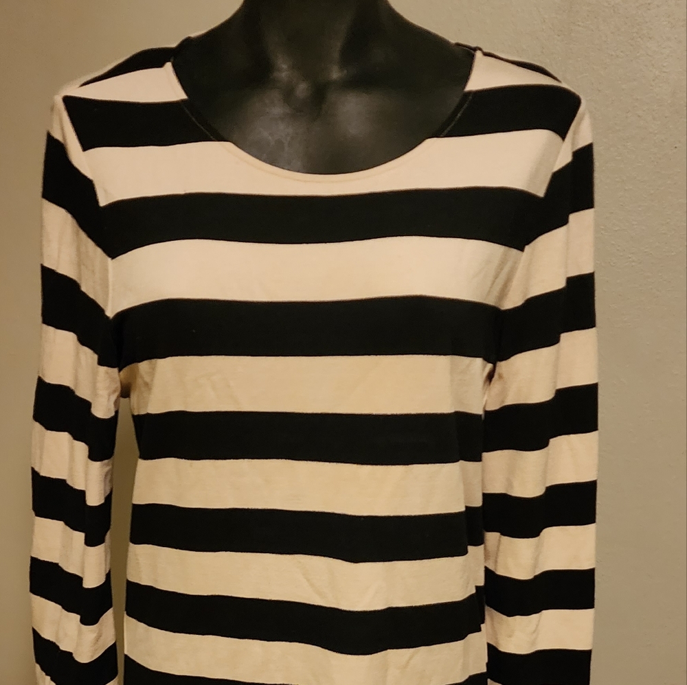 Theory Black/Cream Stripe Three Quarter Sleeve Crew Neck Stretch Dress.  Sz Med - Picture 3 of 5